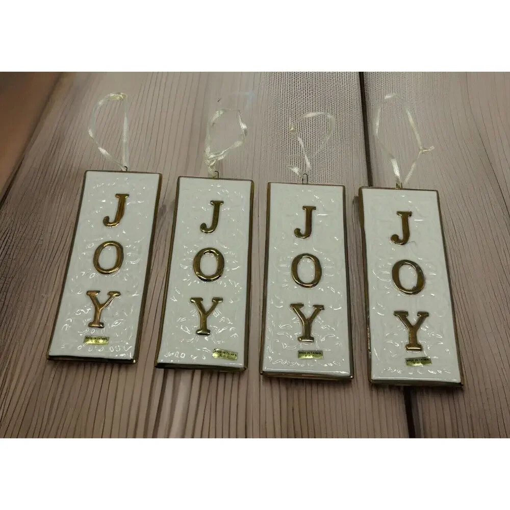 Vintage Set of 4 Porcelain‎ NOEL JOY Christmas Ornaments White Gold Floral